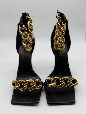 Versace Black Leather Medusa Chain High Heel Sandals, Size 40